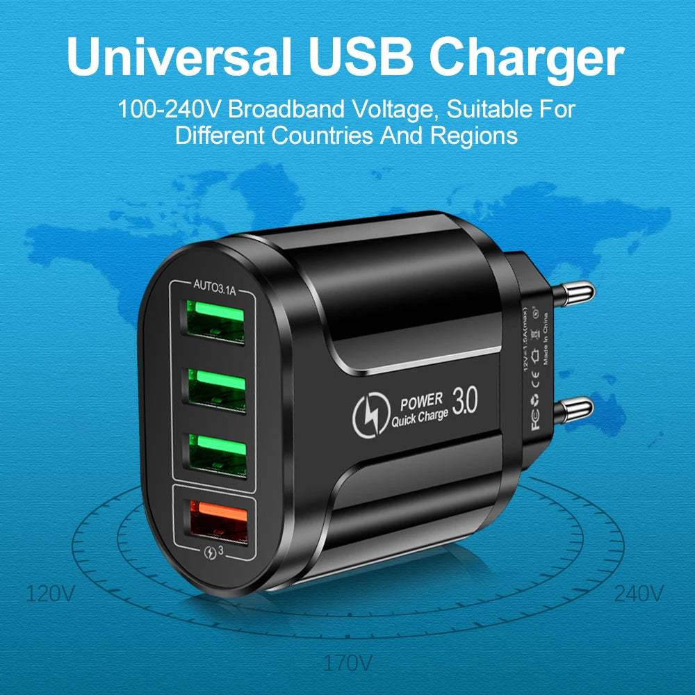 Cargador USB de Carga Rápida para Teléfono Móvil, Dispositivo de Carga de Pared QC 3.0 con 4 Puertos USB de 45W para iPhone 15, 14, Samsung, Xiaomi