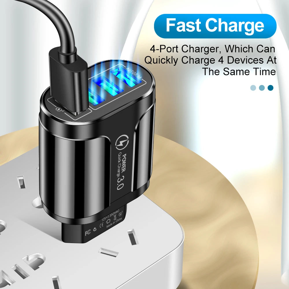 Cargador USB de Carga Rápida para Teléfono Móvil, Dispositivo de Carga de Pared QC 3.0 con 4 Puertos USB de 45W para iPhone 15, 14, Samsung, Xiaomi