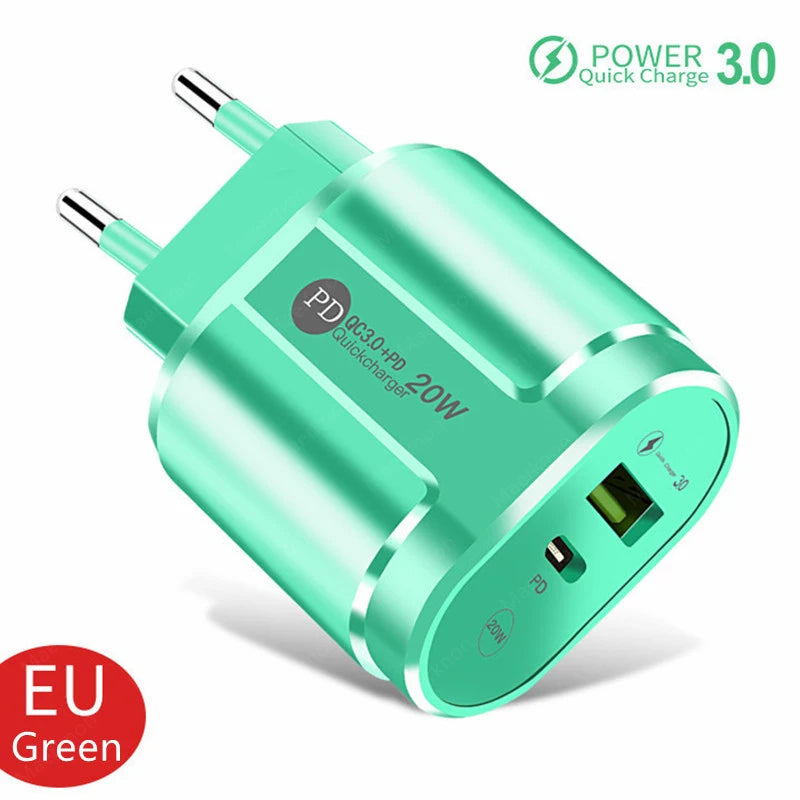 Cargador USB de 2 Puertos, Adaptador de Carga Rápida 3.0 PD 20W Tipo C