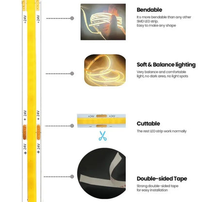 Tira de Luces LED COB de Alta Densidad, Iluminación Lineal Flexible (12V/24V)