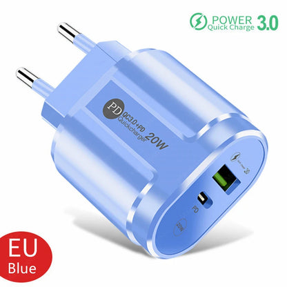 Cargador USB de 2 Puertos, Adaptador de Carga Rápida 3.0 PD 20W Tipo C