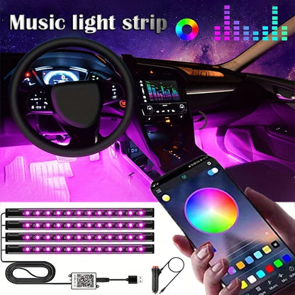 Tira de luces LED RGB para coche, Control por APP, Bluetooth, USB, 48 LEDs