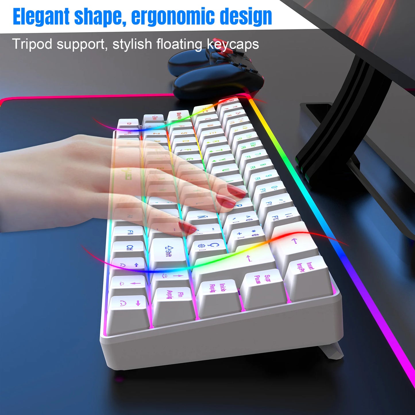 Teclado gaming RGB portátil con 68 teclas y conexión USB para PC y laptop (Español e Inglés)