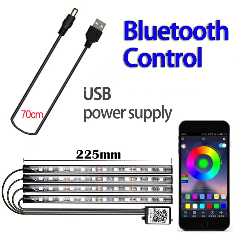 Tira de luces LED RGB para coche, Control por APP, Bluetooth, USB, 48 LEDs