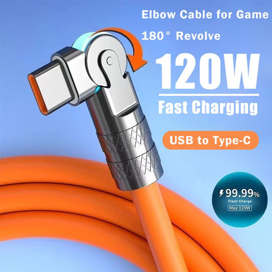 Cable USB Tipo C de Carga Rápida de 120W 7A con Rotación de 180 Grados para Juegos - Compatible con Xiaomi, Redmi, Honor