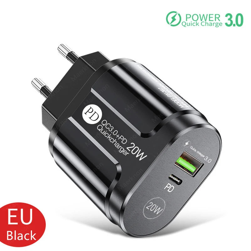 Cargador USB de 2 Puertos, Adaptador de Carga Rápida 3.0 PD 20W Tipo C