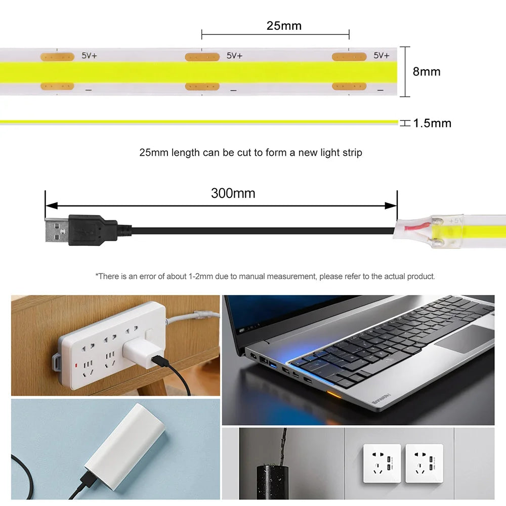 Tira de luces COB USB de 5V, 320 LEDs/m, flexible y eficiente, ideal para retroiluminación de TV y gabinetes