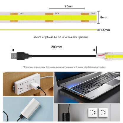 Tira de luces COB USB de 5V, 320 LEDs/m, flexible y eficiente, ideal para retroiluminación de TV y gabinetes