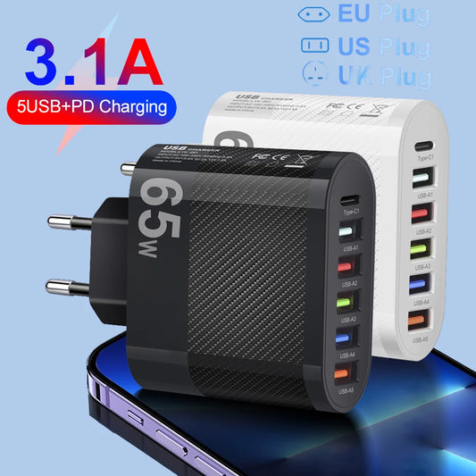 Cargador USB 3.1A de 5 Puertos, Adaptador de Carga PD para Xiaomi, iPhone 13, Samsung, Cargador de Pared QC 3.0