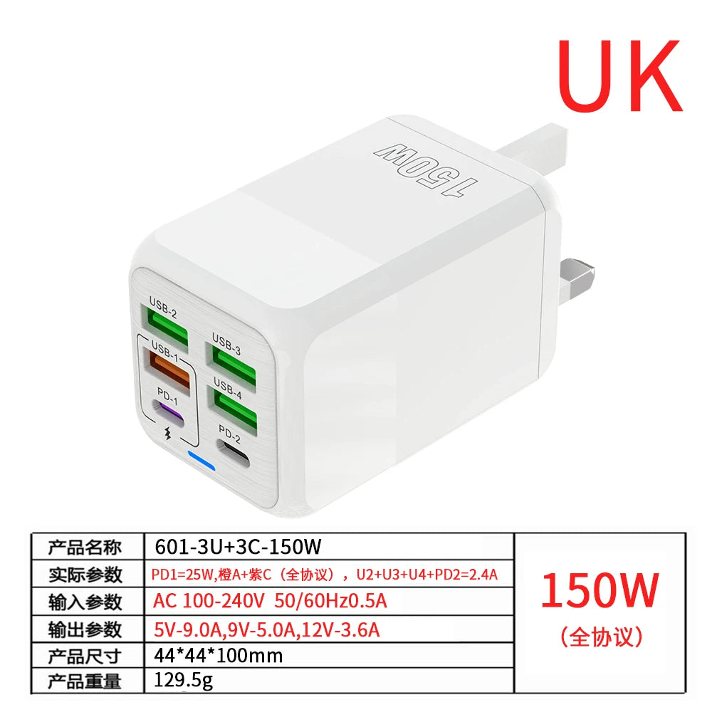 Adaptador de Pared de Carga Rápida 150W, Cargador de 6 Puertos PD, QC 4.0, USB C para iPhone, Samsung, iPad, Xiaomi, Huawei, OnePlus, Oppo