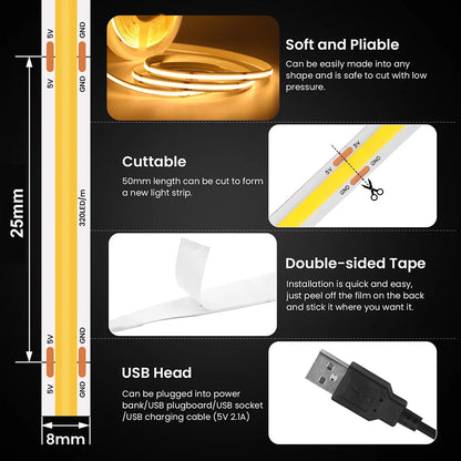 Tira de luces COB USB de 5V, 320 LEDs/m, flexible y eficiente, ideal para retroiluminación de TV y gabinetes