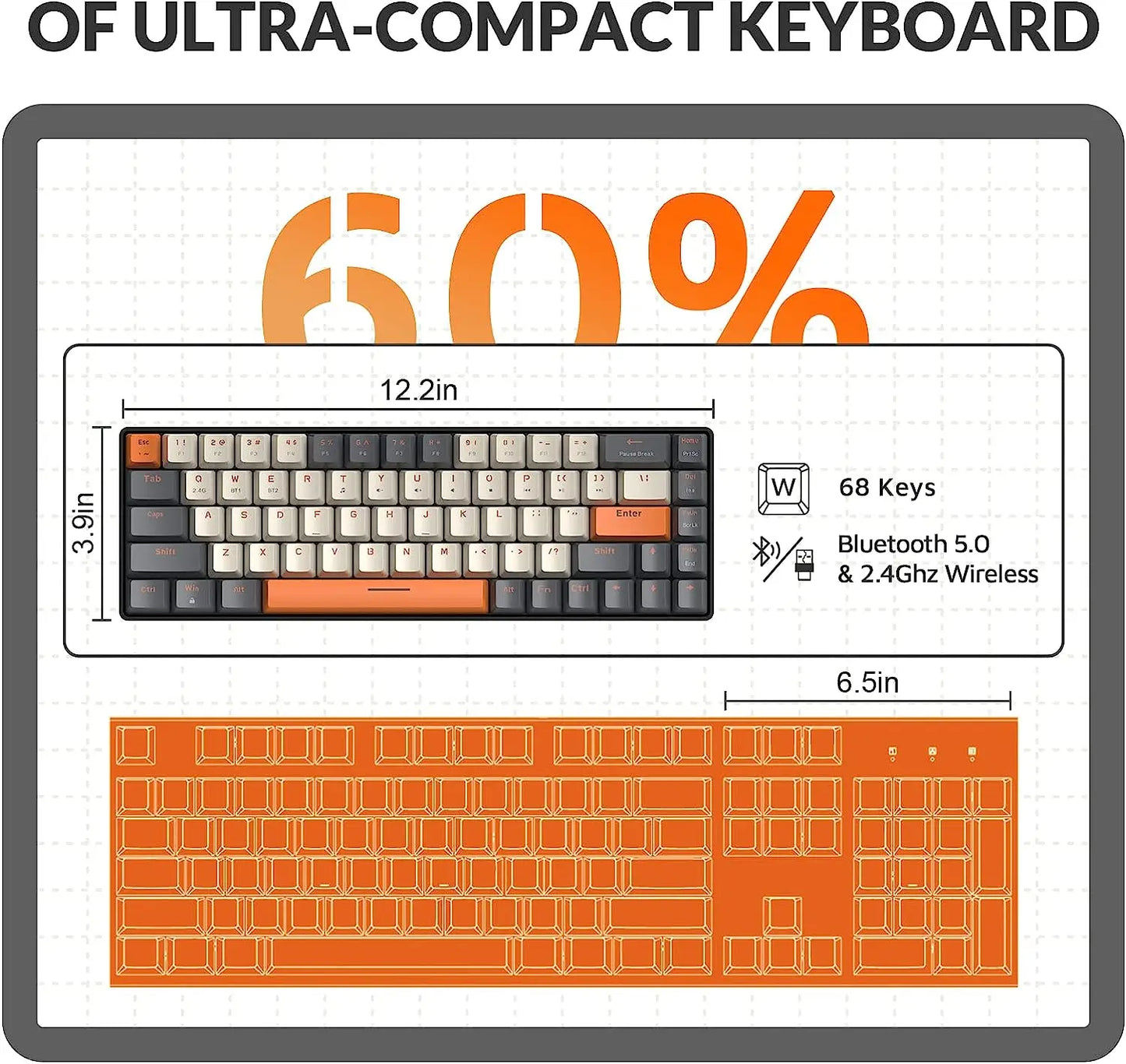 Teclado Mecánico Inalámbrico - Bluetooth, 68 Teclas, Red Switch (English)