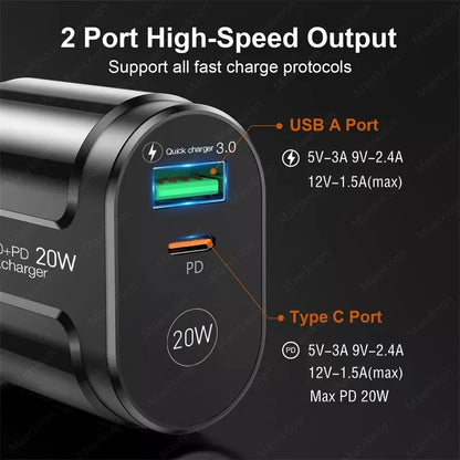 Cargador USB de 2 Puertos, Adaptador de Carga Rápida 3.0 PD 20W Tipo C