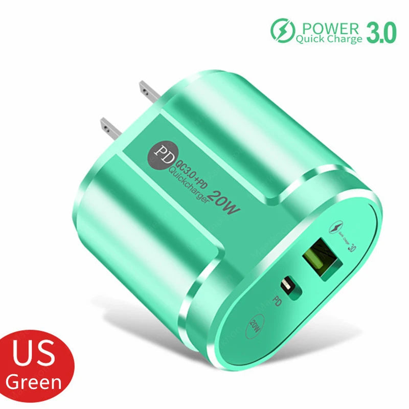 Cargador USB de 2 Puertos, Adaptador de Carga Rápida 3.0 PD 20W Tipo C