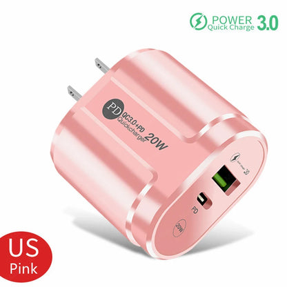 Cargador USB de 2 Puertos, Adaptador de Carga Rápida 3.0 PD 20W Tipo C