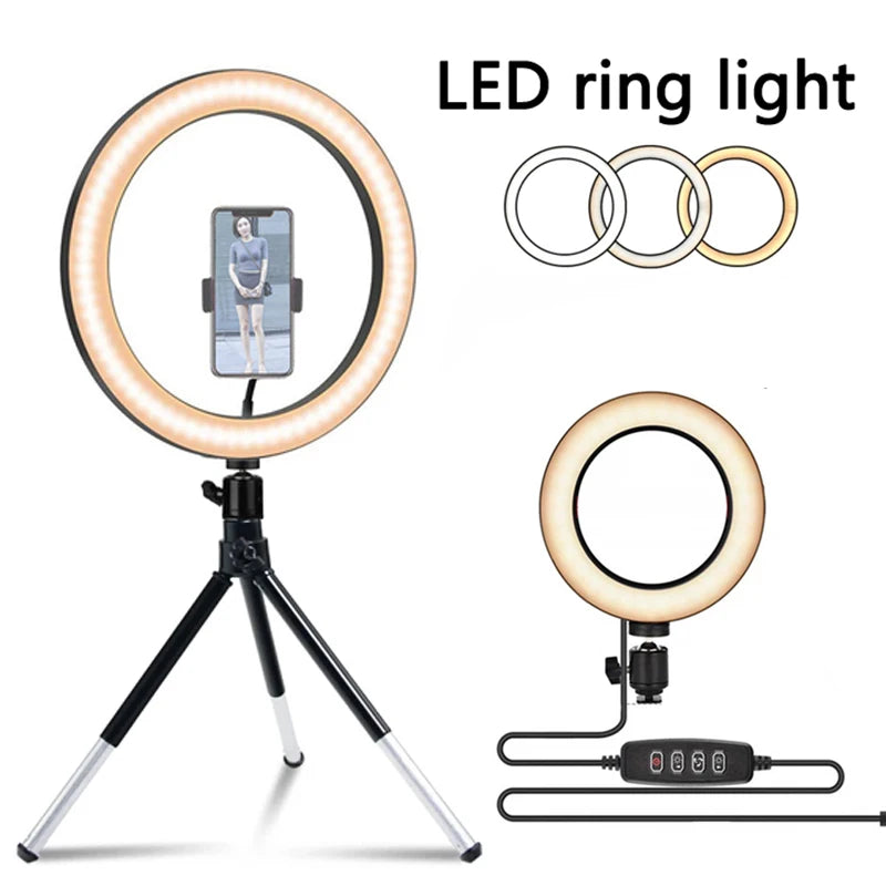 Aro de luz LED de 16/20/26 cm de diámetro con trípode de 16/20 cm de altura para videos tiktok, maquillaje y vlog