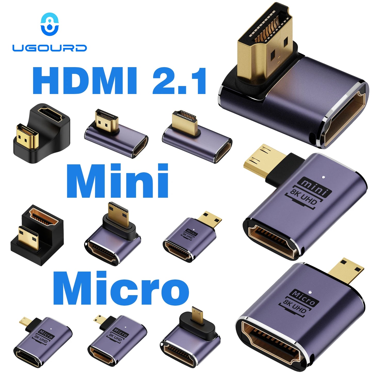 Ugrourd - Adaptador de Cable HDMI 2.1, Convertidor Mini/Micro HDMI a HDMI 2.1, 48Gbps, 8K 60Hz, 4K 120Hz para Proyector, HDTV, PS4, PS5, Ordenador Portátil y PC