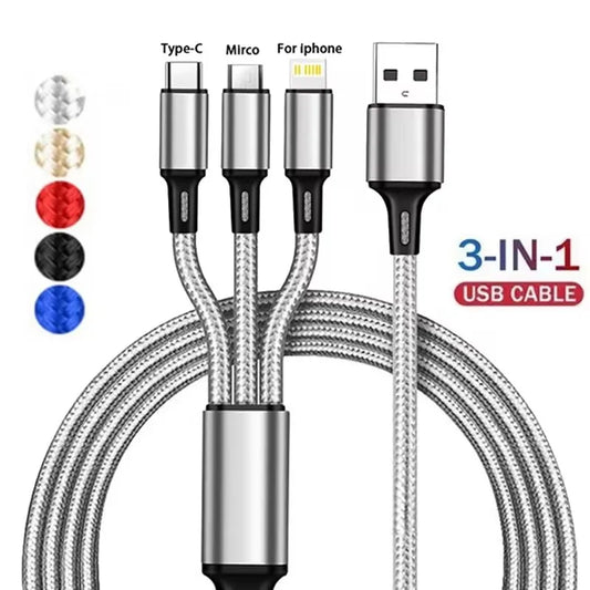 Cable de Carga Rápida USB 3 en 1 Tipo C, Micro, IOS - Multi Cargador para iPhone, Huawei, Samsung, Cable Trenzado de Nailon