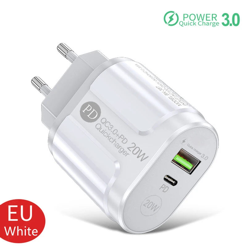 Cargador USB de 2 Puertos, Adaptador de Carga Rápida 3.0 PD 20W Tipo C