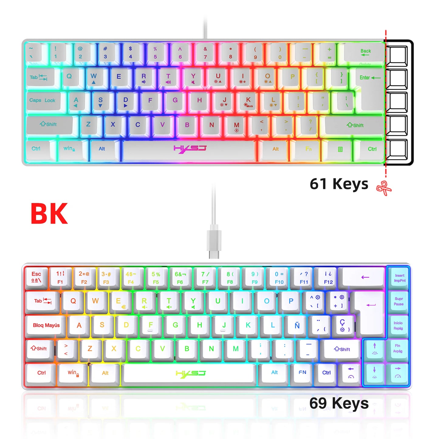 Teclado gaming RGB portátil con 68 teclas y conexión USB para PC y laptop (Español e Inglés)