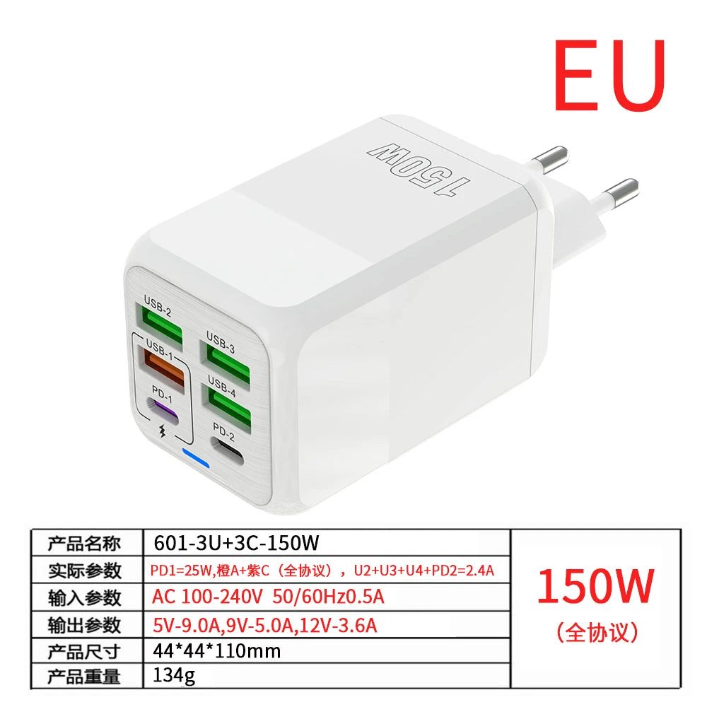 Adaptador de Pared de Carga Rápida 150W, Cargador de 6 Puertos PD, QC 4.0, USB C para iPhone, Samsung, iPad, Xiaomi, Huawei, OnePlus, Oppo