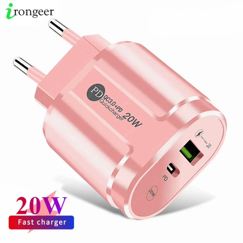 Cargador USB de 2 Puertos, Adaptador de Carga Rápida 3.0 PD 20W Tipo C