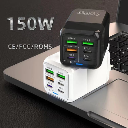 Adaptador de Pared de Carga Rápida 150W, Cargador de 6 Puertos PD, QC 4.0, USB C para iPhone, Samsung, iPad, Xiaomi, Huawei, OnePlus, Oppo