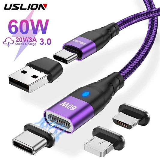 USLION Cable de Datos Micro Magnético, Cargador Rápido PD 60W, USB-C a Tipo-C, 3A