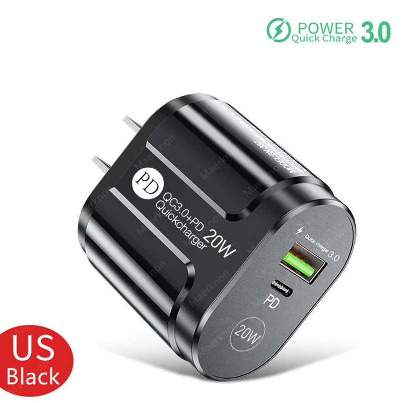 Cargador USB de 2 Puertos, Adaptador de Carga Rápida 3.0 PD 20W Tipo C