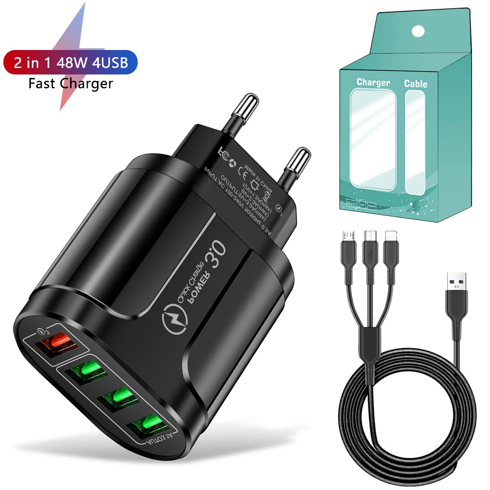 Cargador USB de Carga Rápida para Teléfono Móvil, Dispositivo de Carga de Pared QC 3.0 con 4 Puertos USB de 45W para iPhone 15, 14, Samsung, Xiaomi